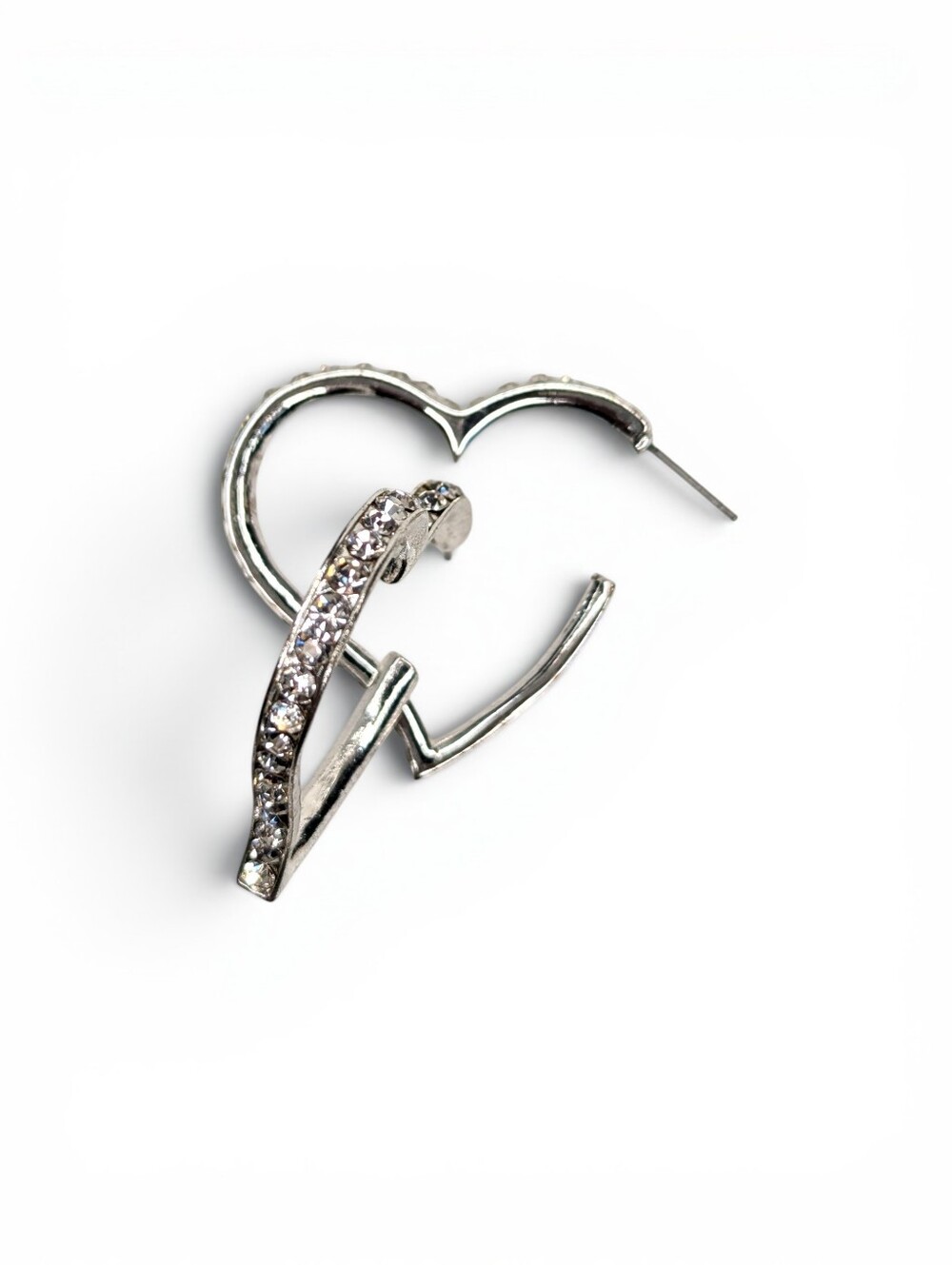 Silvertone Rhinestone Open Heart Hoop Earrings